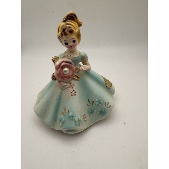 Josef Originals June Pearl Figurine Girl Lady in Blue Rose w Pearl Birthstone 4” - Picture 2 of 6